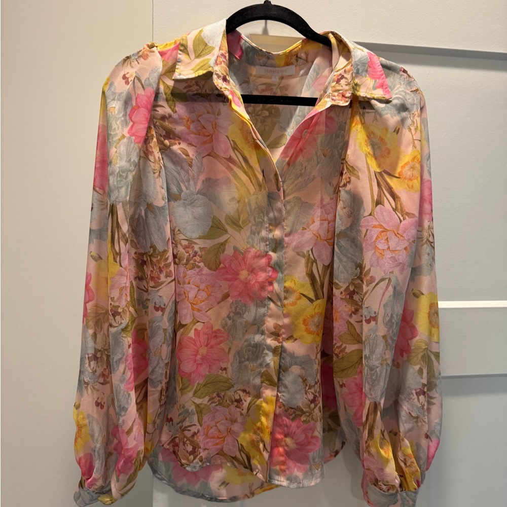 Vibrant Pink and Yellow Notched Collar Blouse